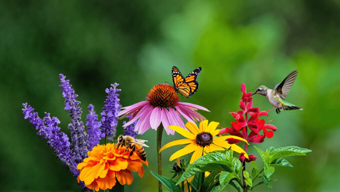 A close-up shot of a small composition of vibrant purple colored flower clusters, with a butterfly crawling on its surface, showcasing pollinator plant swaps