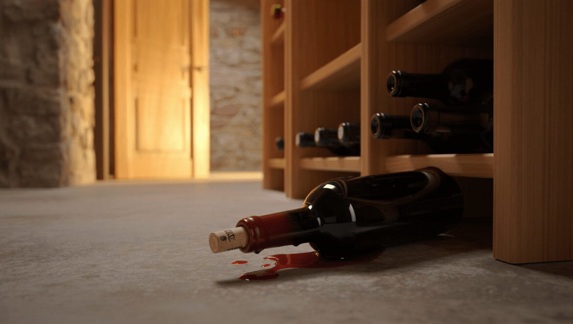 Aménagement cave à vin naturelle en sous-sol avec murs en pierres et casiers en bois massif - Design intérieur par Atelier Anaka Grenoble.