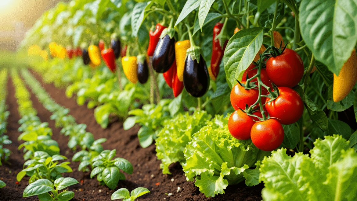 A close-up shot of a small composition of a vibrant purple flower and alongside developing tomato crops, showcasing companion planting small garden