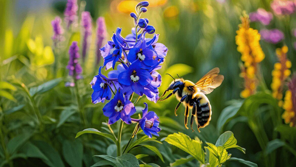 A close-up and overhead shot of a small insect, collecting nectar from a vibrant bloom, showcasing blue flowers bees