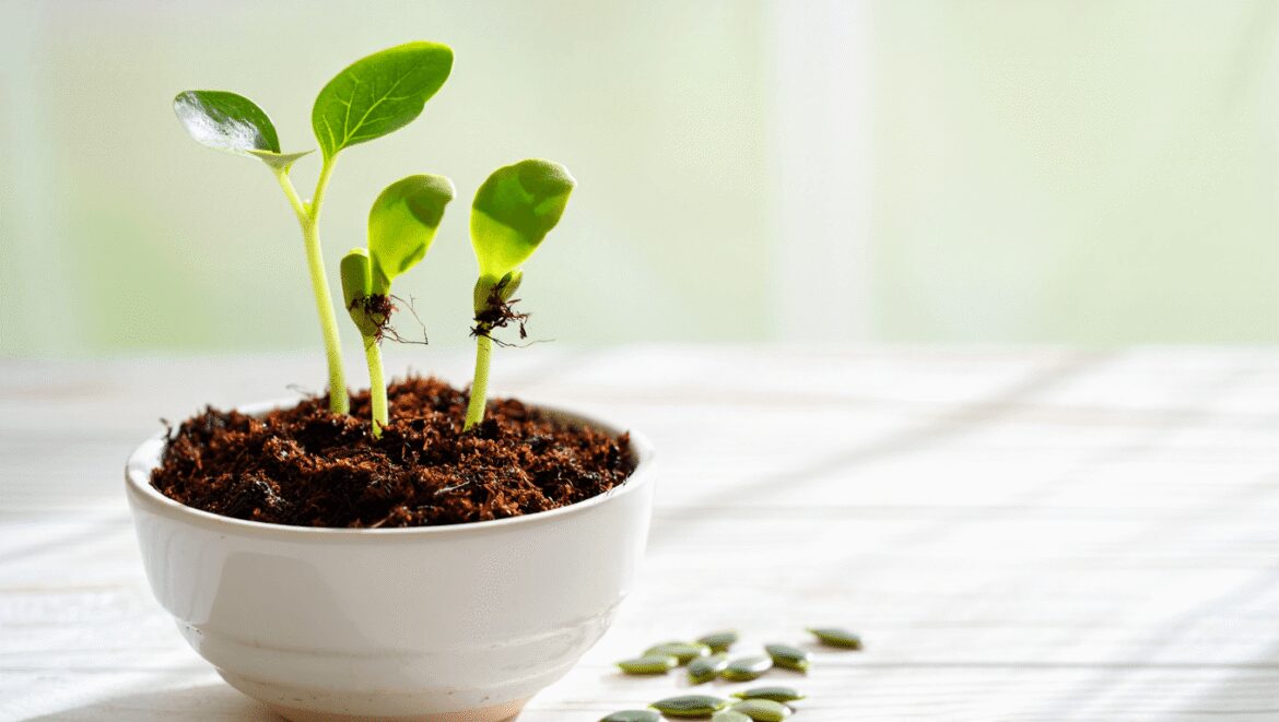 An overhead and close-up, flat-lay shot of several ovules, seedlings, tools, and equipment, showcasing how to squash seeds indoors