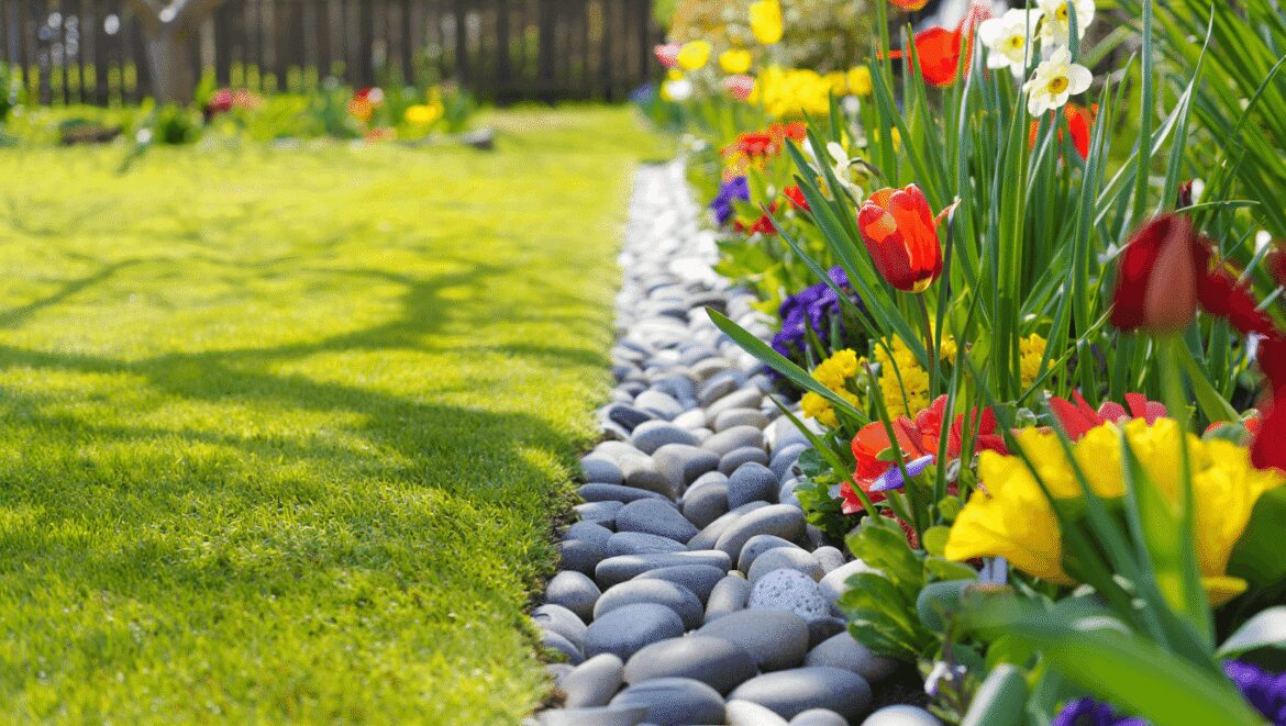 A close-up shot of a composition of vibrant orange-red colored flowers beside a paver border, showcasing easy garden edging