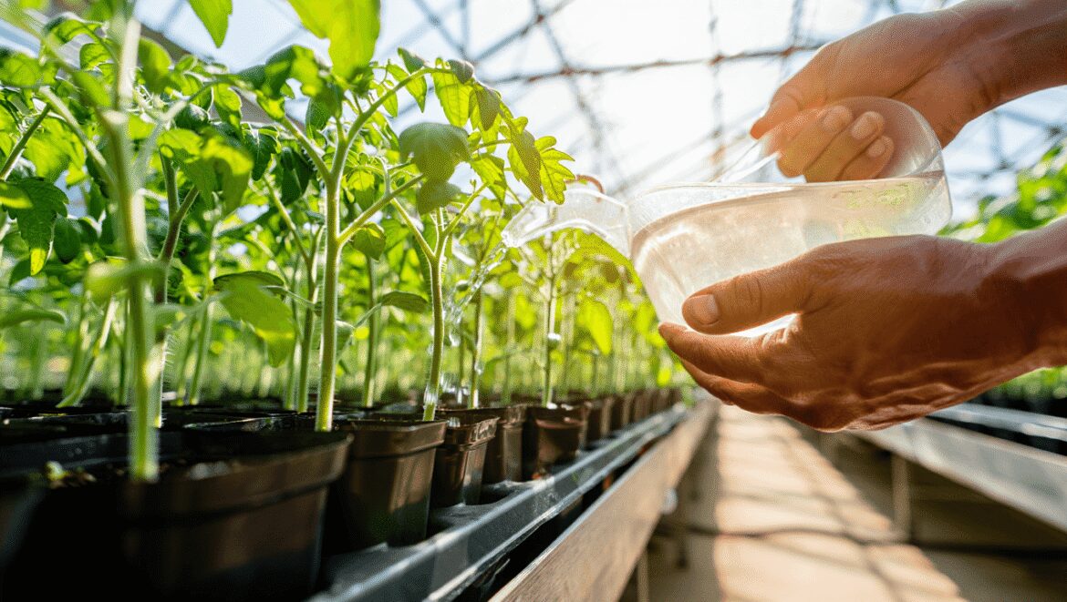 A person who grew tomato seeds greenhouse, holding a bundle of red crops surrounded by lush green foliage