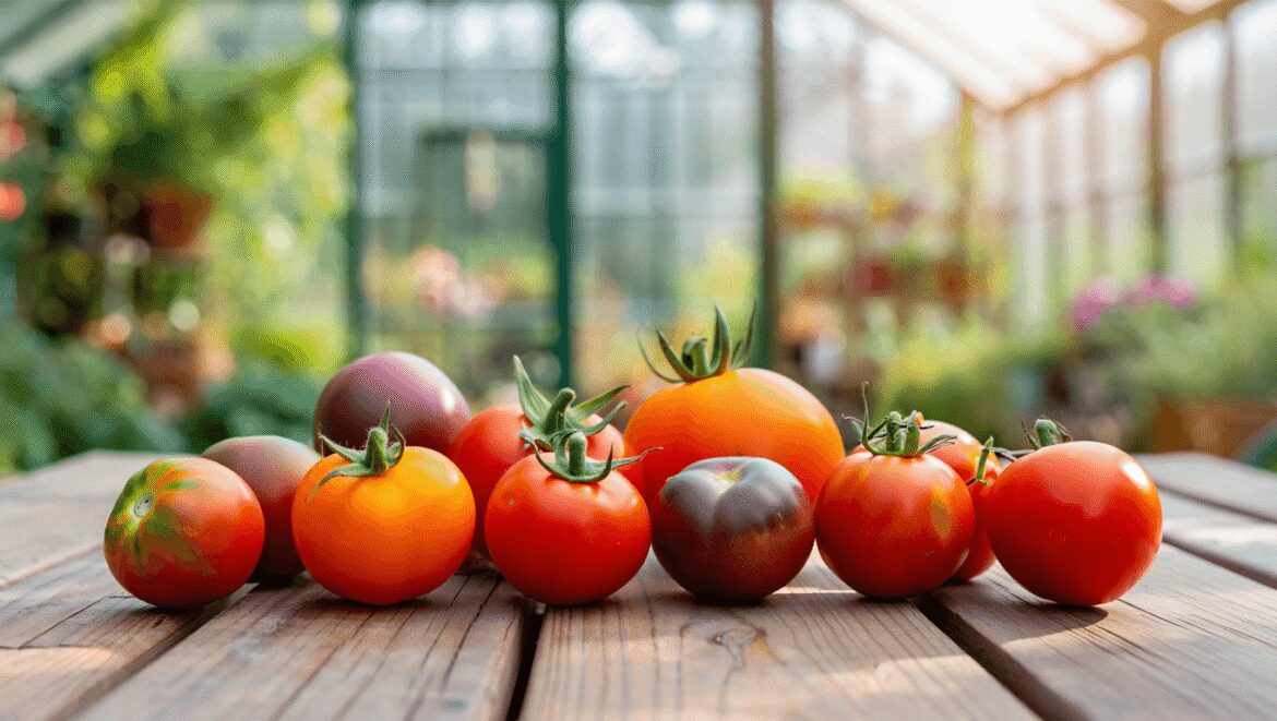 A close-up shot of several potted, and developing fruit-bearing crops, with several fruits on the wooden surface below, showcasing which tomato seeds March