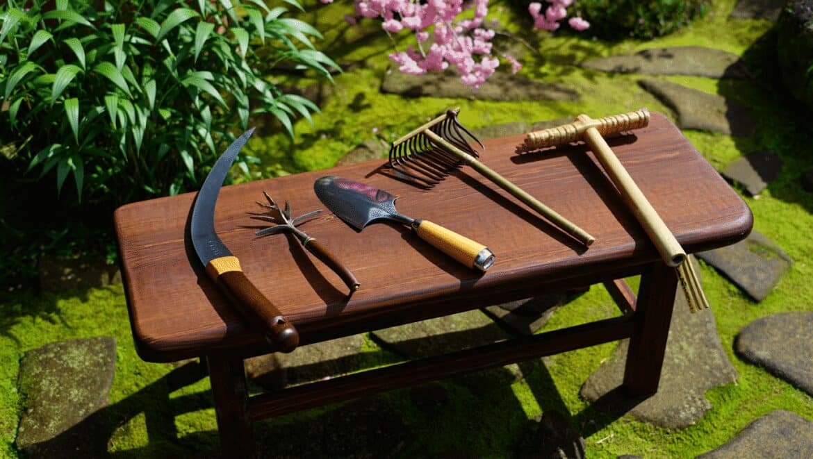 A close-up shot of a single, upright hori hori knife, placed on a container fileld with soil and plants, showcasing Japanese gardening tools