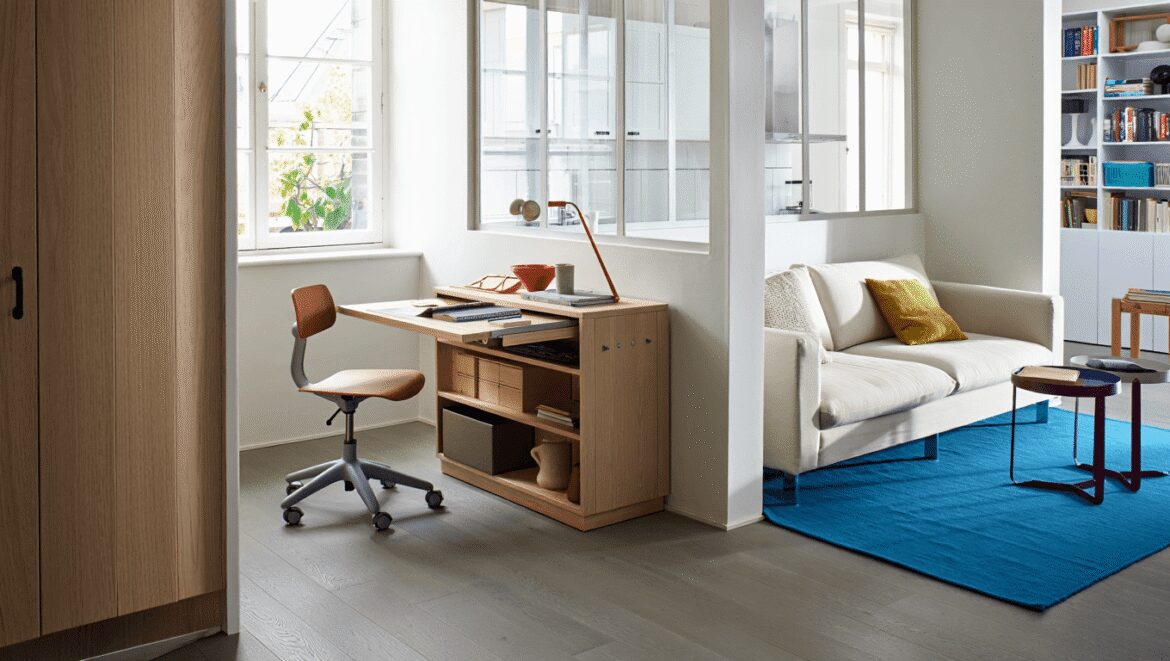 studio avec coin chambre et séparation verrière avec la salle de bains