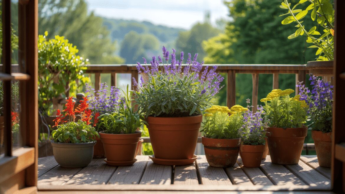 A shot of a large composition potted plants and flowers, all situated in a yard area, showcasing perennial garden containers