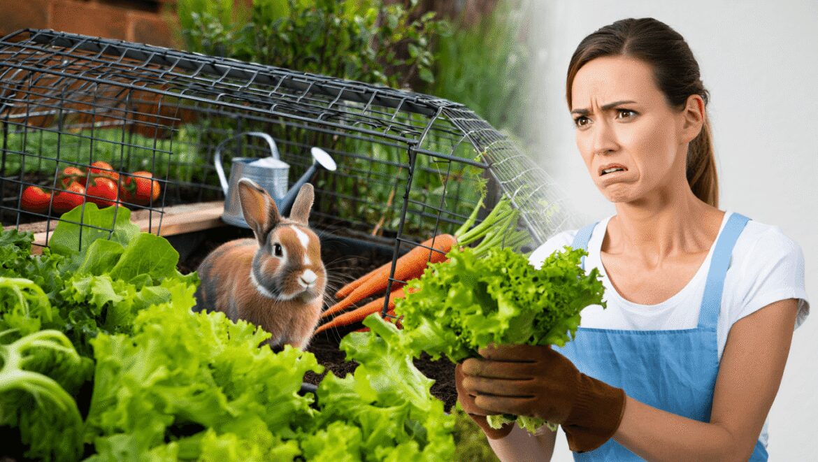 A close-up shot of a developing plant beside a brown colored bunny, showcasing garden rabbits cruelty-free