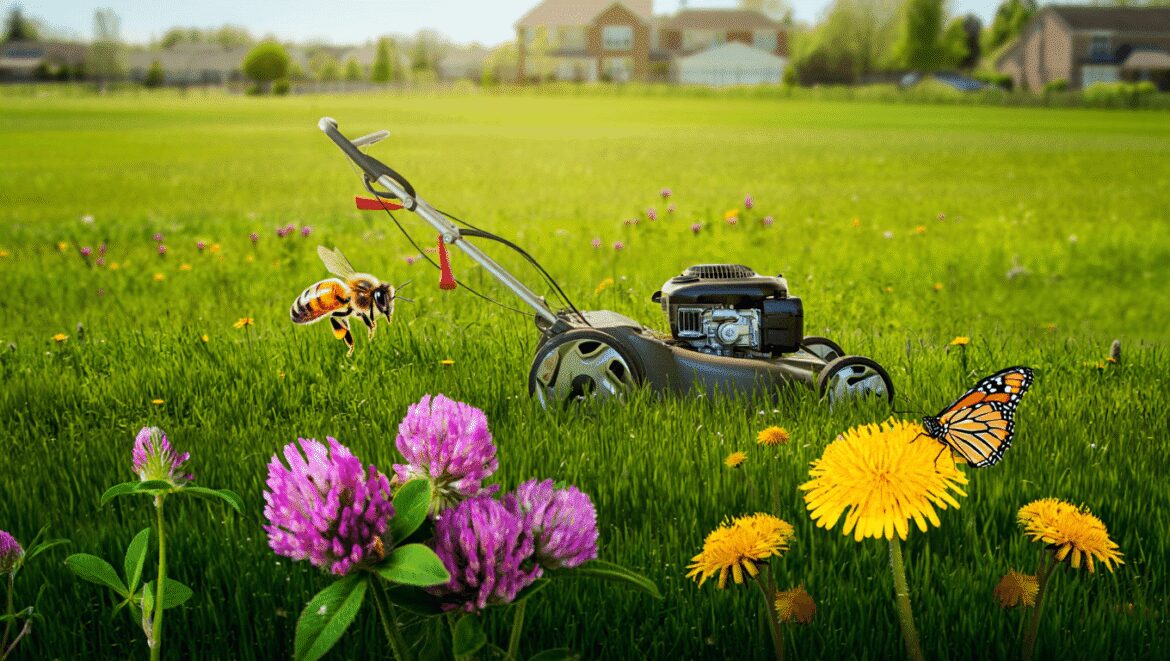 A close-up shot of a turned off red, colored mower beside flowering weeds, showcasing no mow May