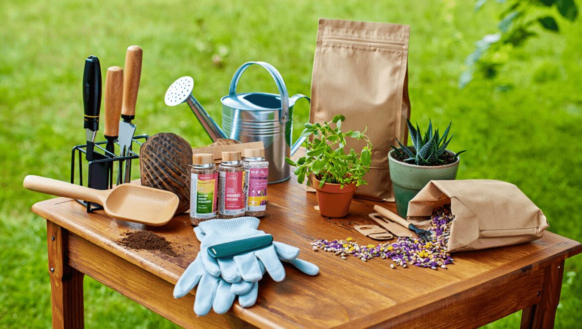 A close-up and overhead shot of several tools, equipment, seeds, and a notebook, showcasing mom gardening gifts