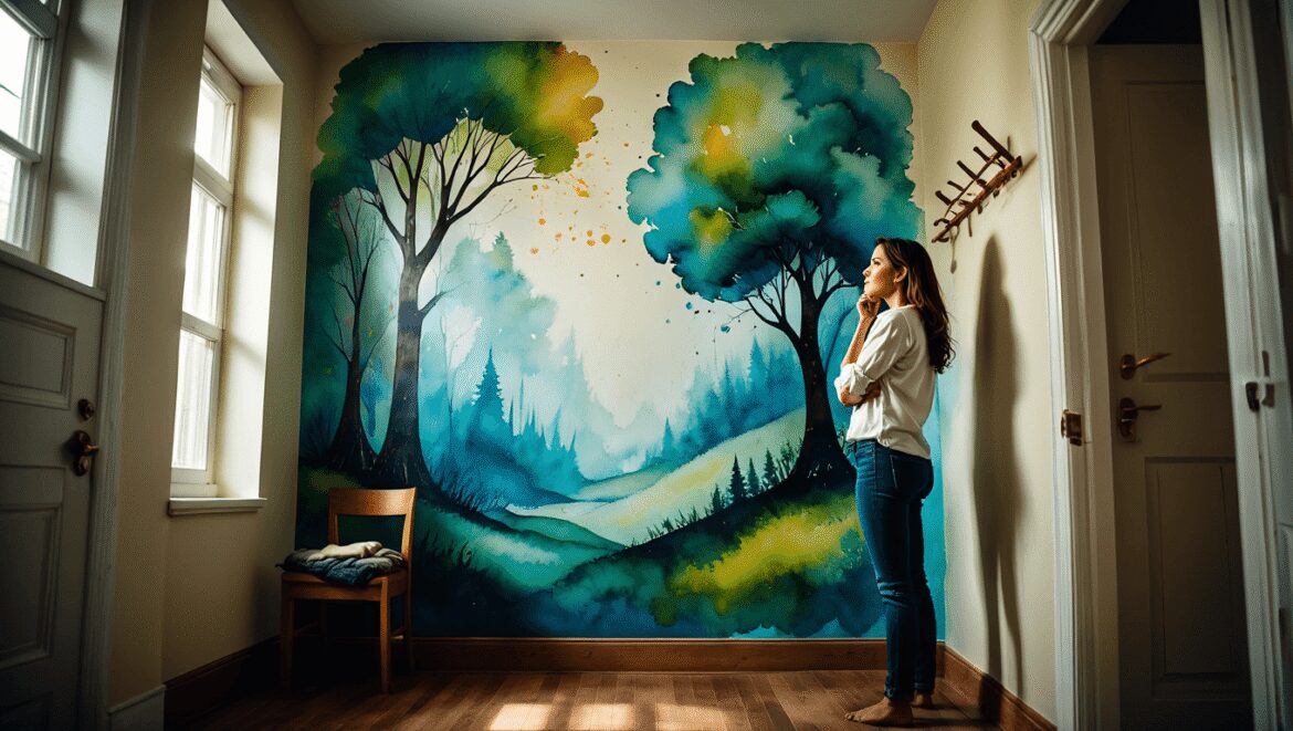 Our Gorgeous, Huge Watercolor Wallpaper Mural in the Entryway
