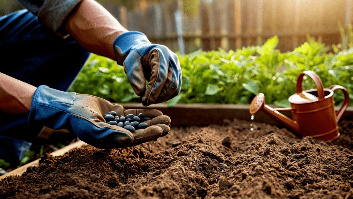 A close-up shot of a person's hand holding a pile of black ovules beside a sunflower, showcasing which to plant in ground May