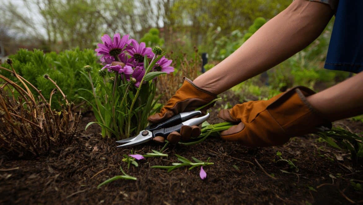 A close-up shot of a person's hand in the process of using a pruner to trim and cut a common lilac, showcasing spring perennial pruning