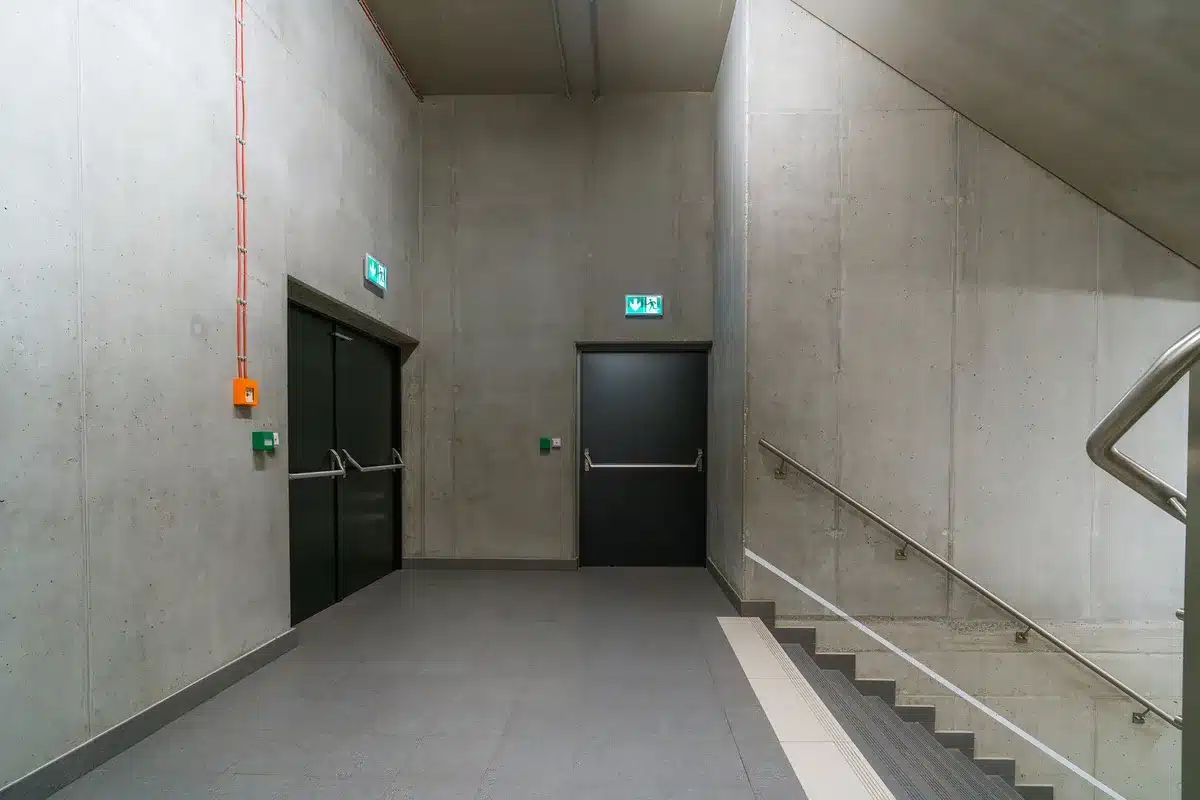 Personne descendant un escalier d'urgence dans un bâtiment enfumé