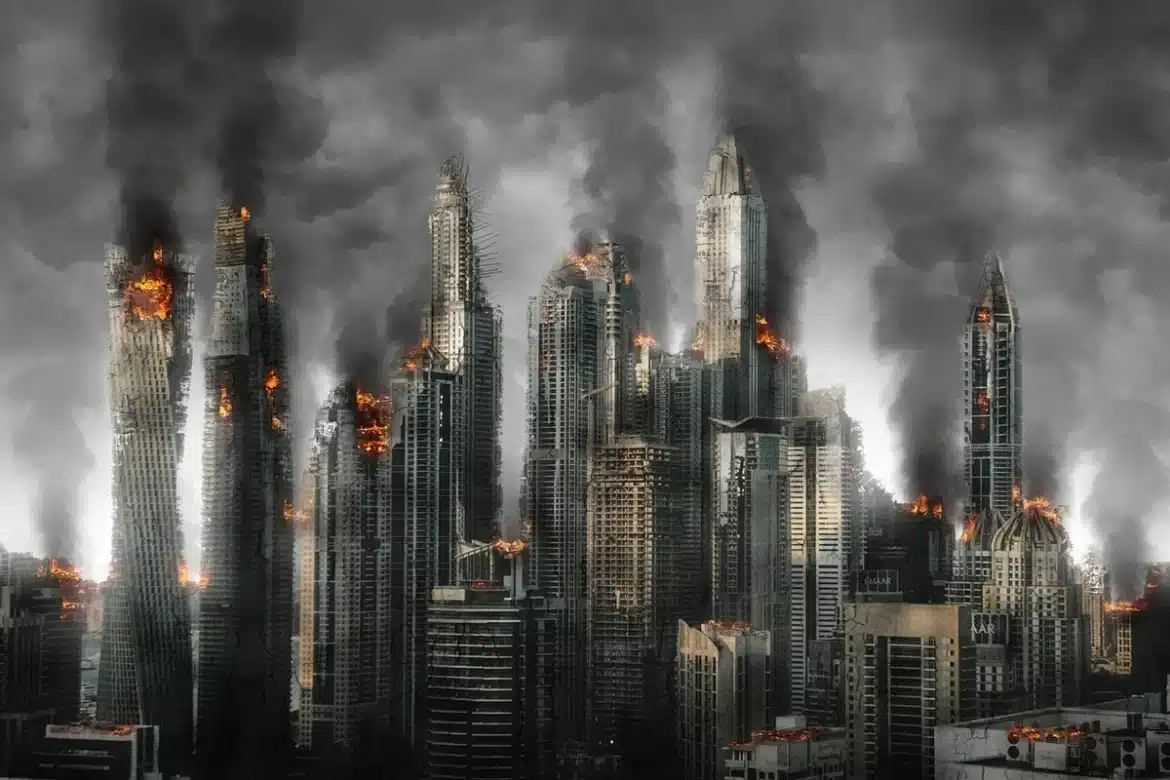 Intérieur d'une maison endommagée par un incendie avec débris et fumée
